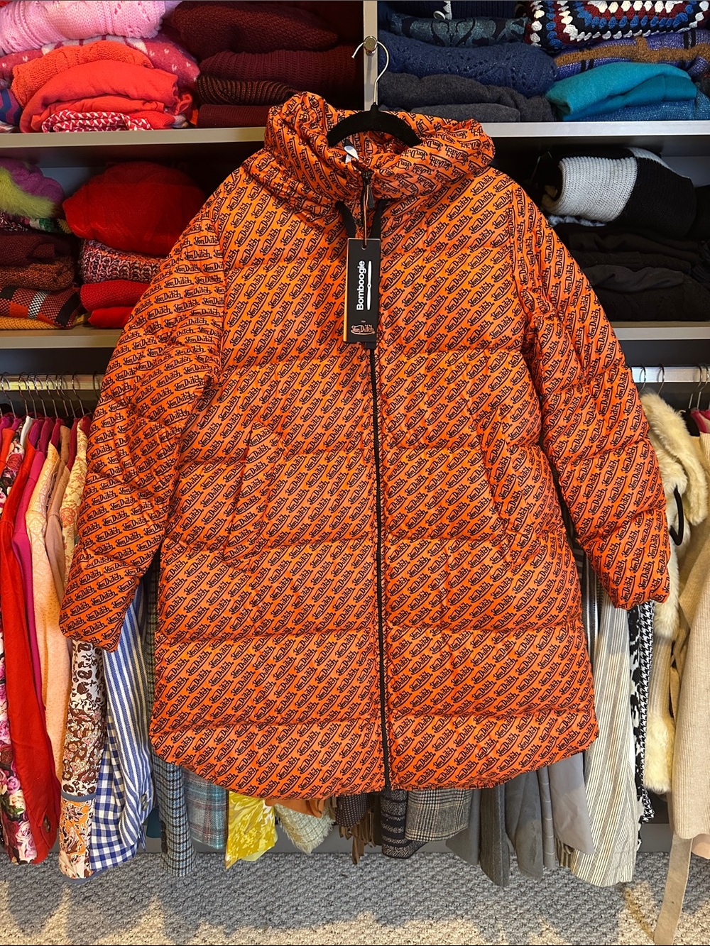 Bamboogie for Von Dutch orange logo hooded oversized puffer coat size S NWT